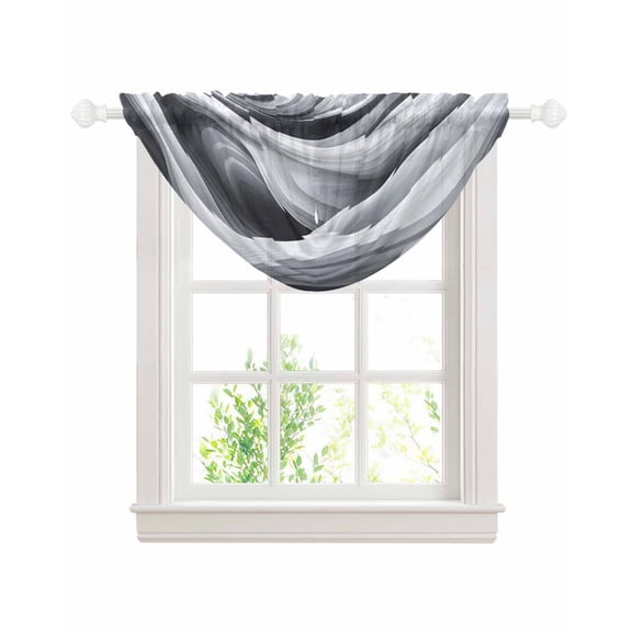 Modern Sea Waves Sheer Waterfall Valance Curtains for Window, Grey White Texture Abstract Texture Rod Pocket Sheer Topper Swag Curtains for Living Room, Kitchen 38.5"W x 47.2"L, 1 Panel