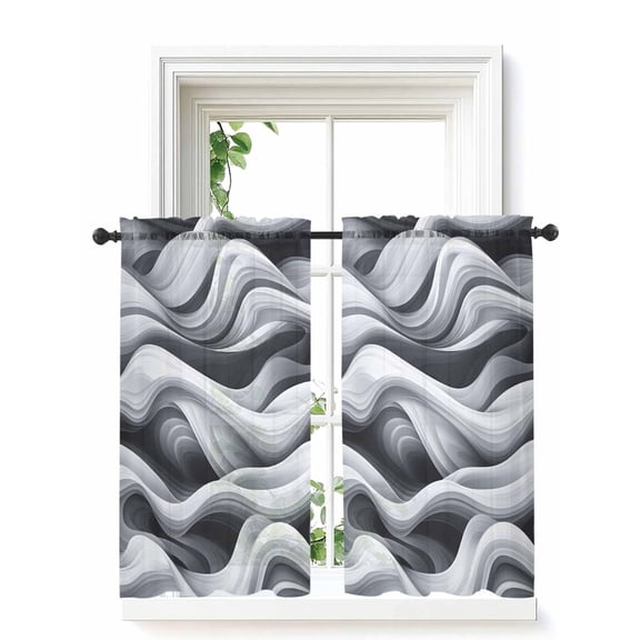 Modern Sea Waves Tier Curtains 45 Inch Length,Sheer Curtains for Bedroom Living Room,Grey White Texture Abstract Texture Rod Pocket Voile Drapes Kitchen Curtains Small Half Window 27.5"x45" 2 Panels