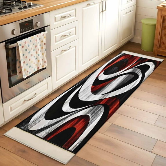 Modern Seamless Stitching Runner Rugs 2x6 ft Black Red Geometric Washable Hallway Rugs Non-Slip Floor Mats Absorbent Carpet Bedside Runners for Bedroom Kitchen Bathroom Laundry Room