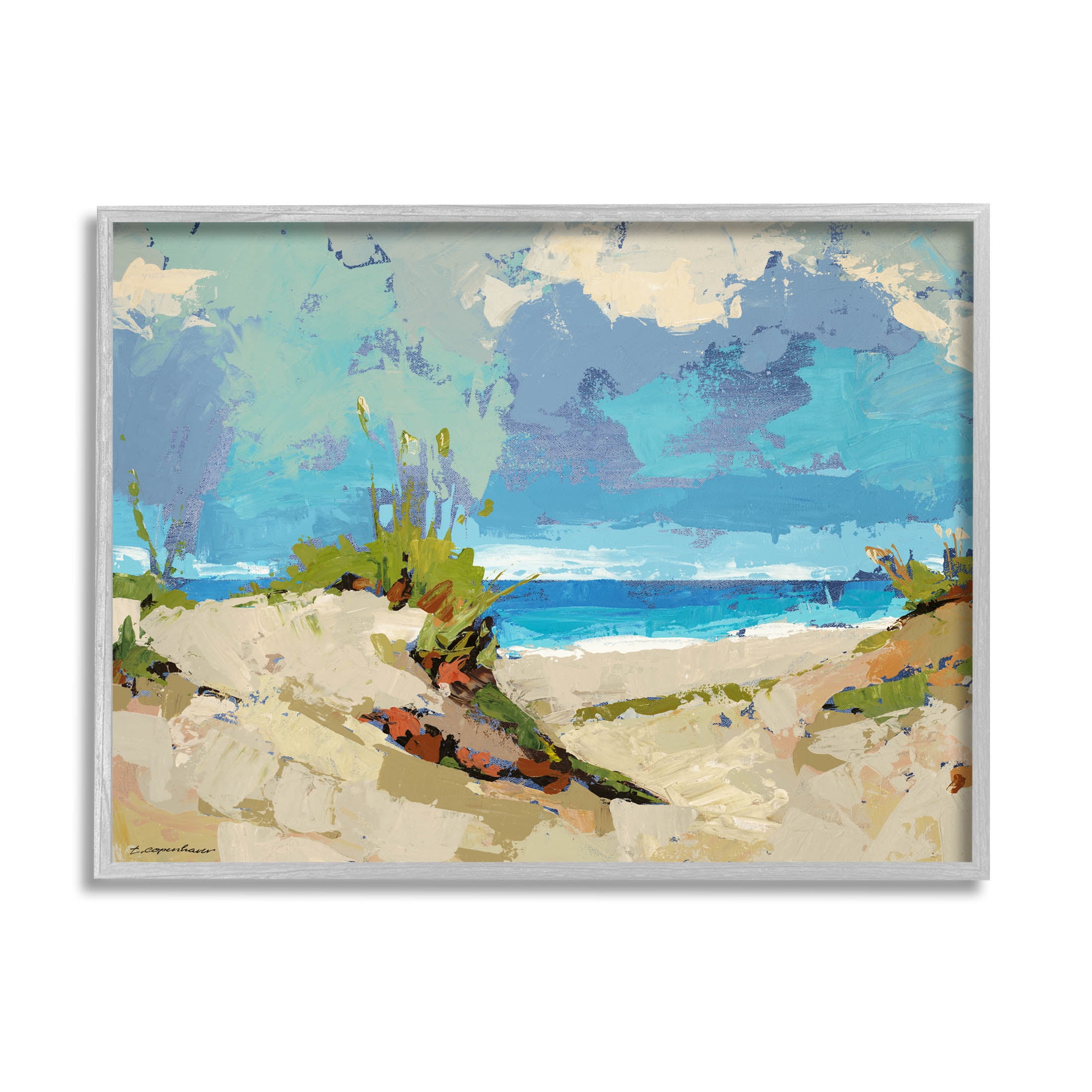 Modern Seaside Beach Scene Landscape Painting Gray Framed Art Print Wall Art