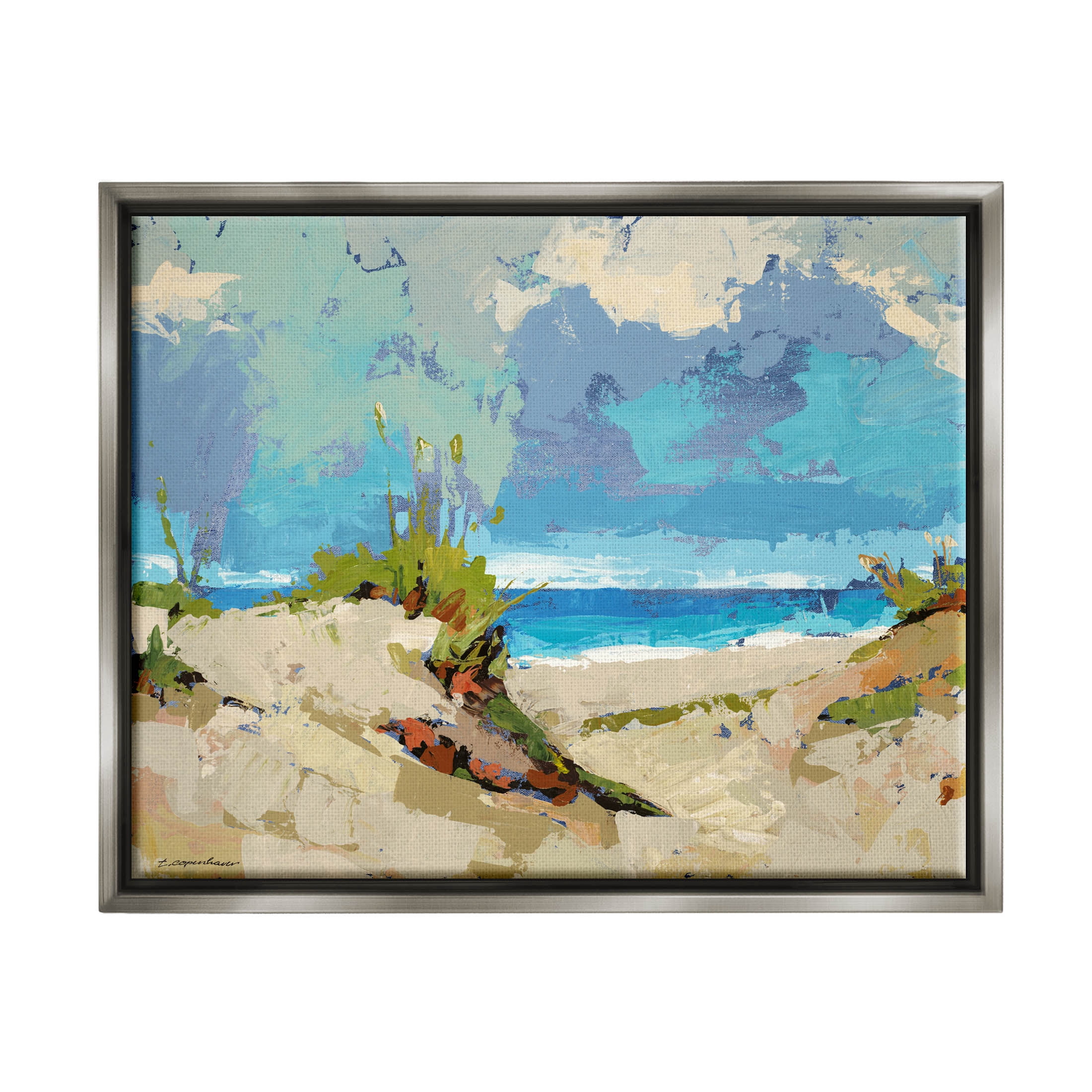 Modern Seaside Beach Scene Landscape Painting Luster Gray Framed Art Print Wall Art