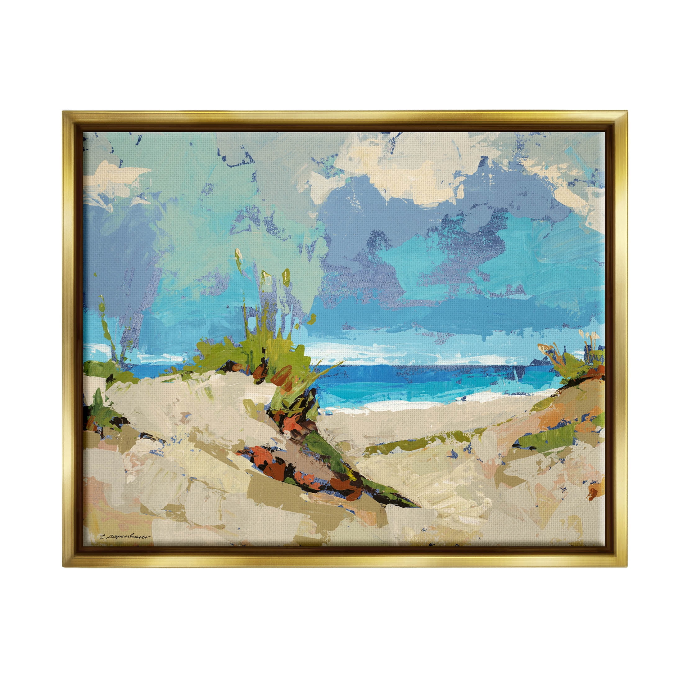 Modern Seaside Beach Scene Landscape Painting Metallic Gold Framed Art Print Wall Art