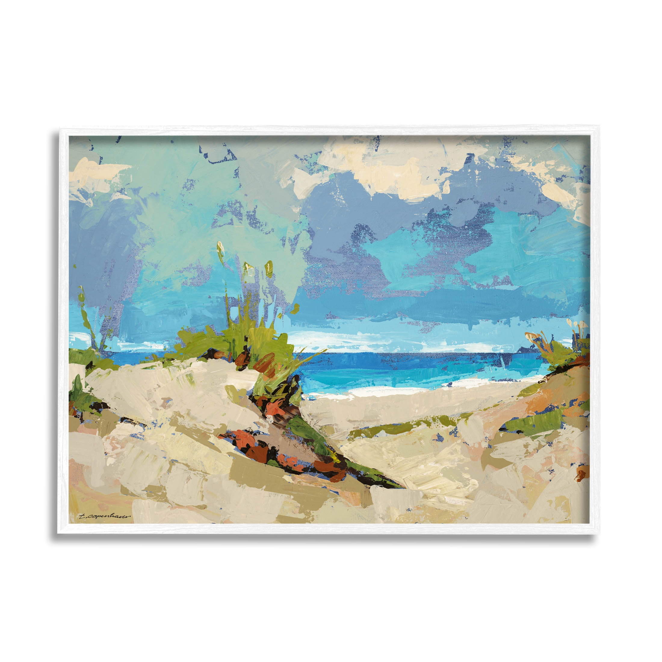 Modern Seaside Beach Scene Landscape Painting White Framed Art Print Wall Art
