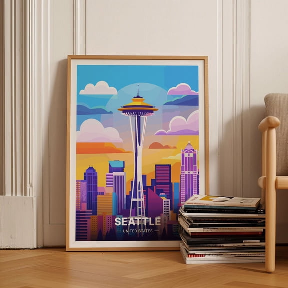 Modern Seattle Skyline Cityscape Wall Decor, Unframed Canvas 8x10in