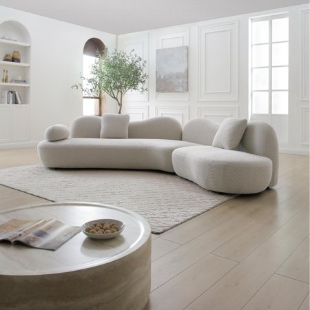 Modern Sectional Curved Sofa, Beige Boucle 5-Seater Modular Sofa Couch, Non-Compressed Upholstered Sofa with Solid Wood Frame with Unique Butterfly Backrest for Living Room, Bedroom, 2 Pillows