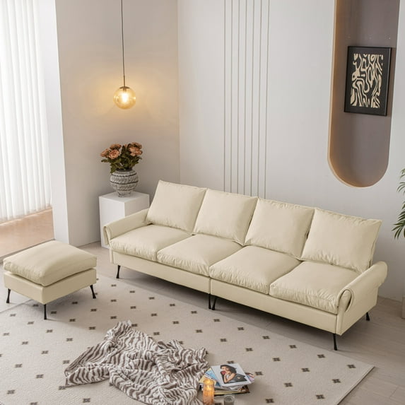 Modern Sectional Leather L-Shaped Sofa Couch with Convertible Ottoman, Reversible Chaise 4 Seater Sofa, Beige