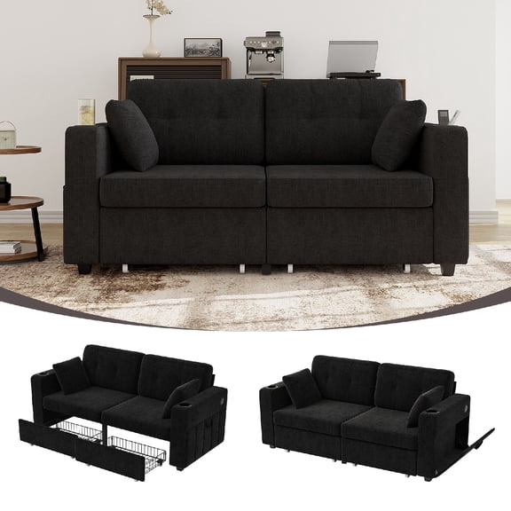 Modern Sectional Loveseat Sofa Couch with USB Charging and Charging Station, Chenille Fabric Sofa Couch with  Storage and Cup Holder for Living Room, Apartment, Easy to Install, Black