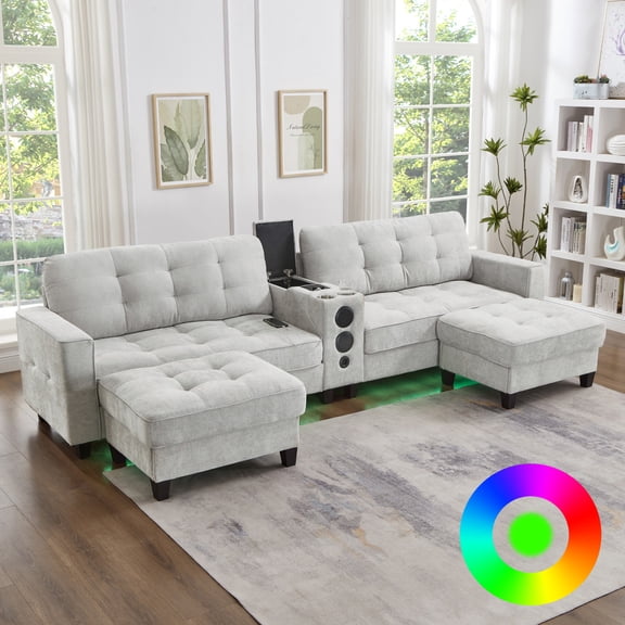 Modern Sectional Sofa 126" U-shaped Sectional Sofa Modular Sectional Couch with Movable Storage Ottomans, multifunctional Console, Bluetooth Speakers and LED Lights for Living Room, Light Grey No4811
