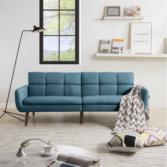 Modern Sectional Sofa, 74'' x 35.8'' x 30.3'' Mid-Century Couch Tufted Fabric Sofa Beds, Upholstered Fabric Blue Sofas with Solid Wood Frame and Wood Leg, Loveseat Sofas for Small Space, S5233