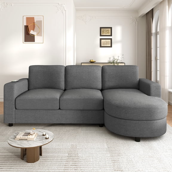 Modern Sectional Sofa 84.6" L-Shaped Sofa Couch with a Curved Chaise Lounge, USB Ports and Side Storage Pockets for Living Room (Gray)