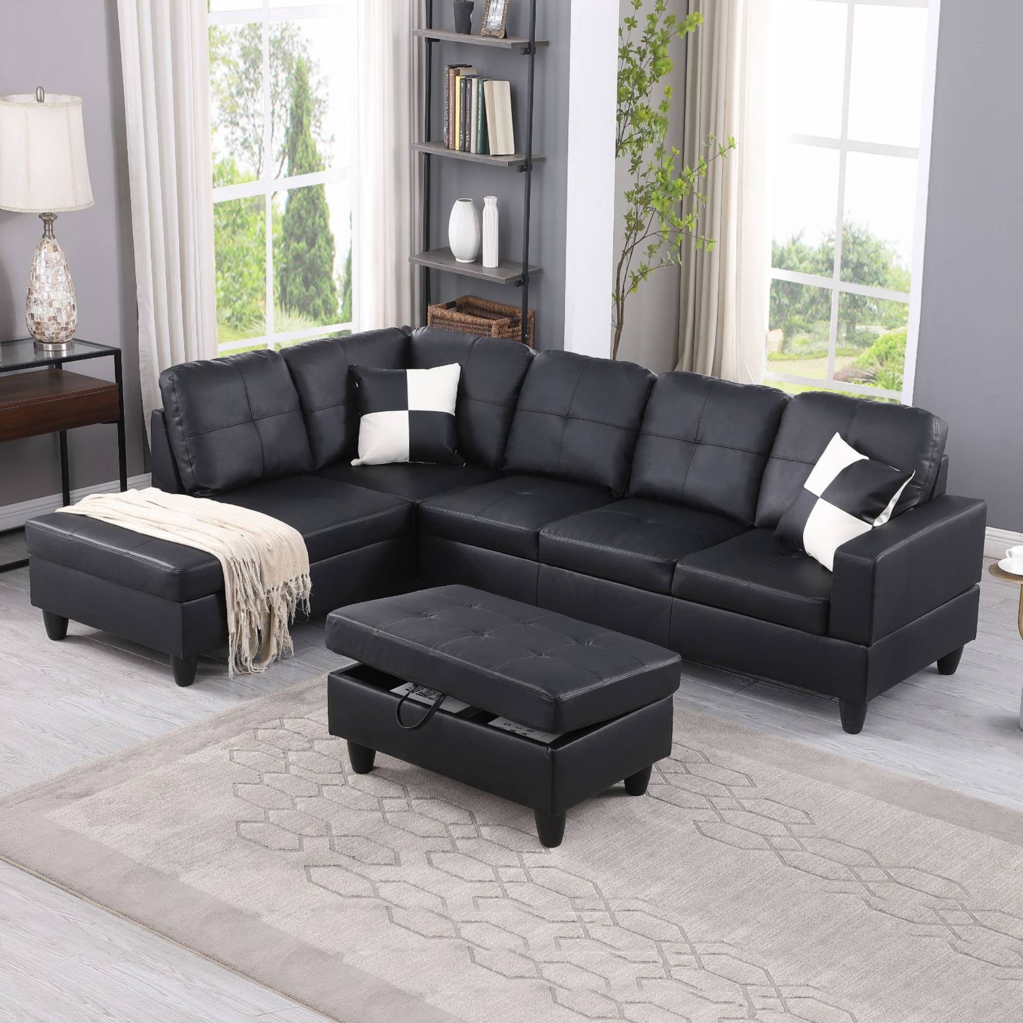 Modern Sectional Sofa Couch, 4-Seaters Leather Sleep Sofa with Left Chaise Lounge , Ottoman Furniture Sets for Living Room