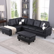 Modern Sectional Sofa Couch, 4-Seaters Leather Sleep Sofa with Left Chaise Lounge , Ottoman Furniture Sets for Living Room