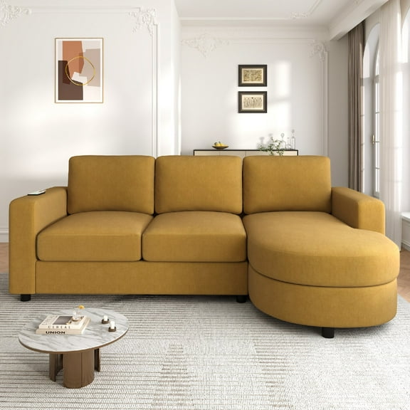 Modern Sectional Sofa Couches with Charging Station, L-shaped ChenilleComfy Modular Sofa with a Curved Chaise Lounge and and Side Storage Pockets for Living Room, Apartment, Yellow