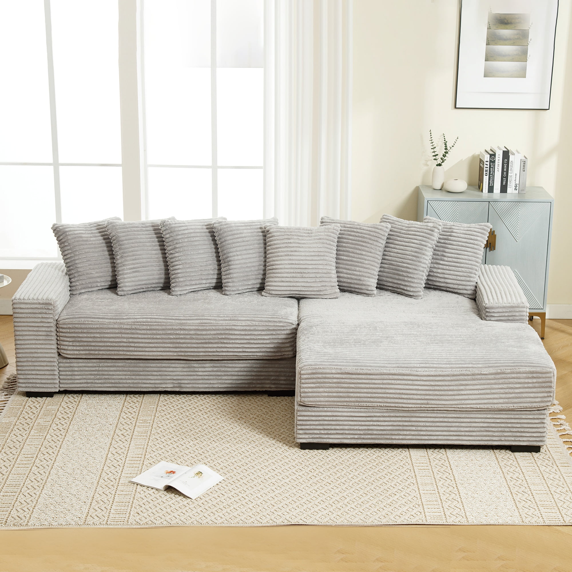 Modern Sectional Sofa, L-Shaped Corduroy Compressed Couch, Oversized