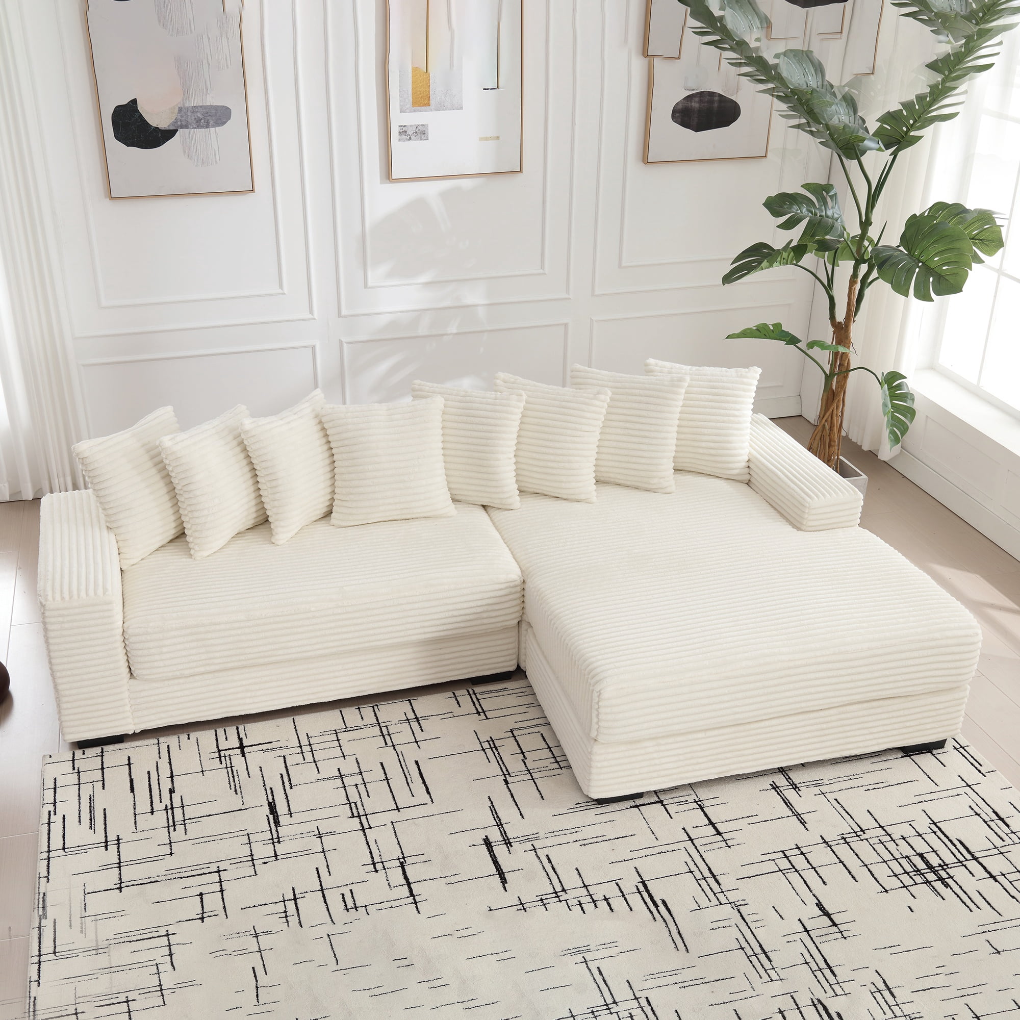 Modern Sectional Sofa, L-Shaped Corduroy Compressed Couch, Oversized