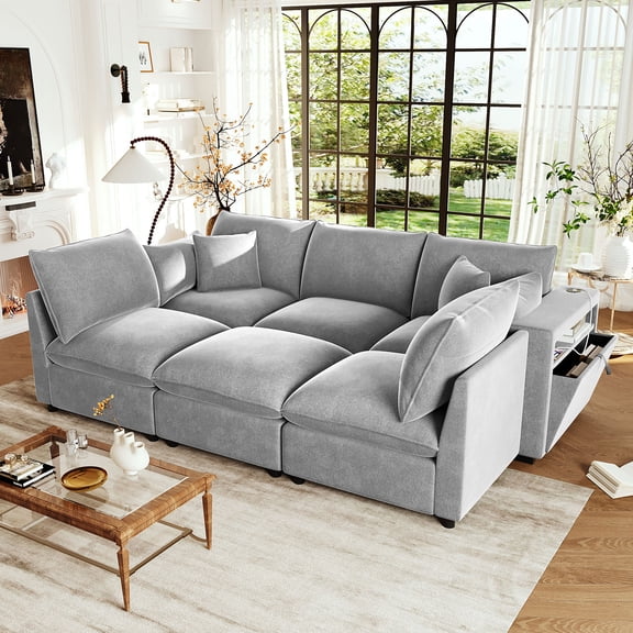 Modern Sectional Sofa Modular Sofa 93.7" U-shaped Sofa Couch Sofa Bed L-shaped Sofa with a Movable Ottoman, Storage Armrests and USB Ports, Grey