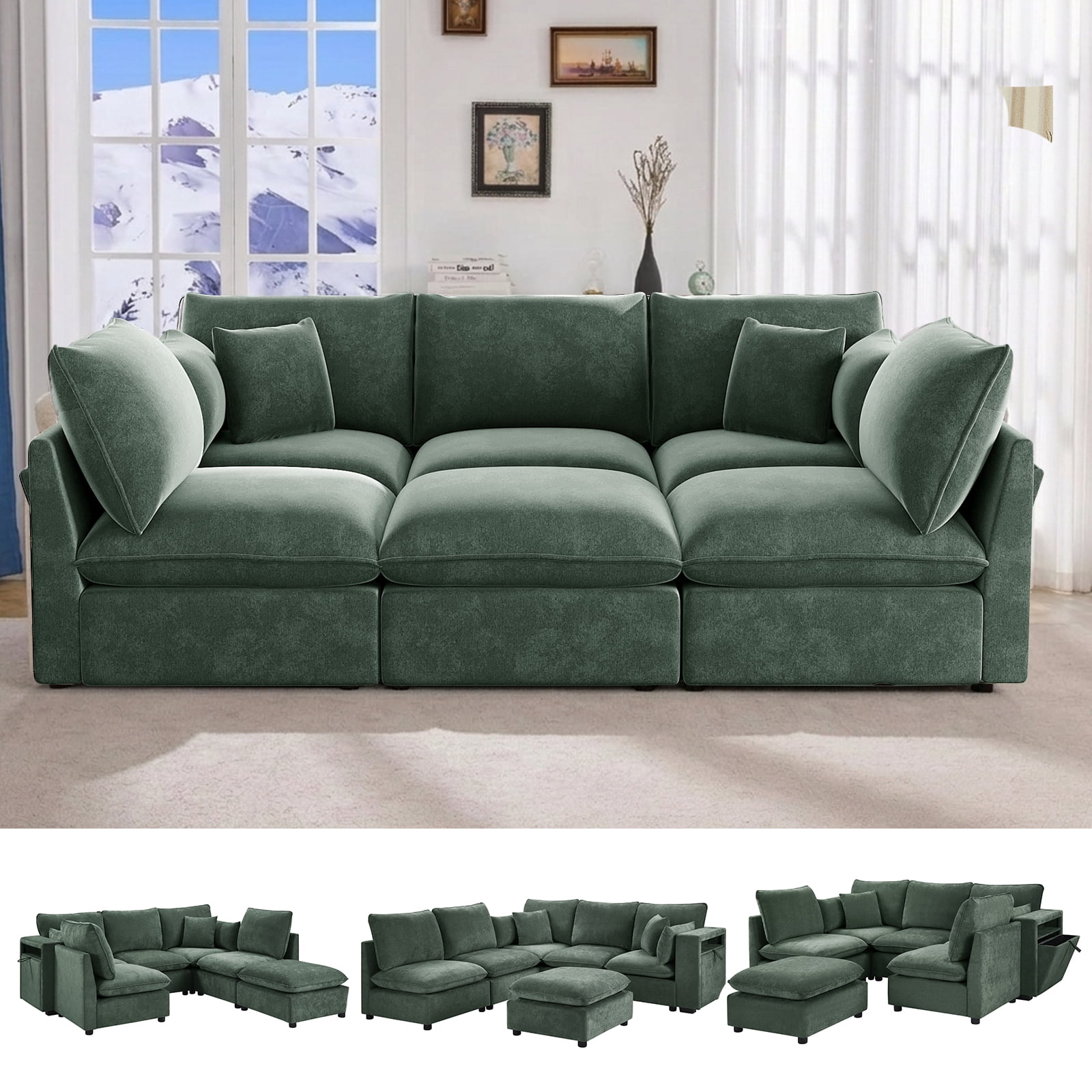 EPOWP 93.7'' Modular Sectional Sofa, U Shaped Cloud Couch with Movable Ottoman, Chenille 6 Seater Sofa Storage Armrests and USB Ports for Living Room (Green)