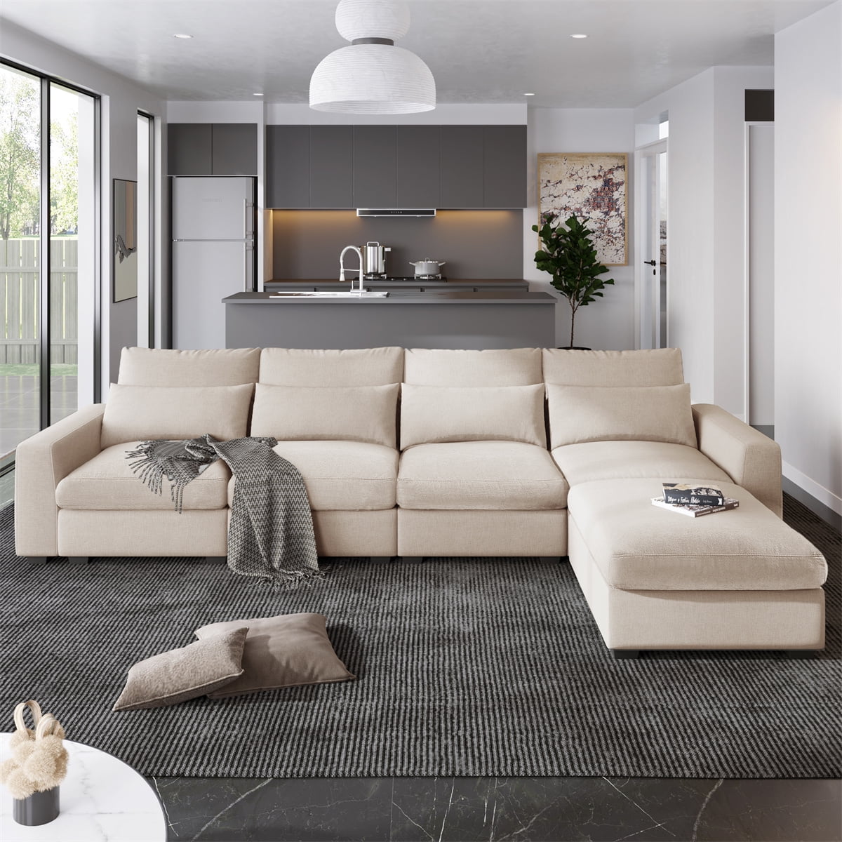 Modern Sectional Sofa with Reversible Chaise and 4 Pillows Large