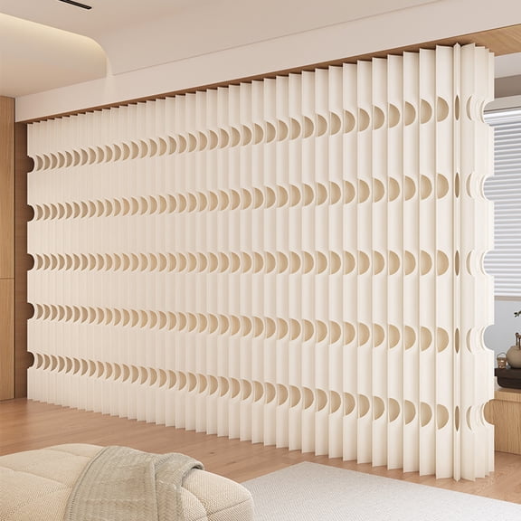Modern Semi-Circle Cutout Vertical Folding Room Divider, Light Filtering Privacy Partition, Punch-Free Standing Screen for Living Room & Bedroom, Easy Installation, Cream White, Made of Kraft Paper