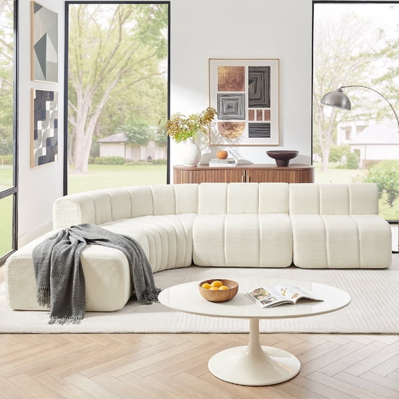Modern Semi-Curved Modular Sectional Couch Sofa, Vertical Stitched Chenille Rounded Edge Wear-Resistant All Comfort Floor Sofa Couch Soft with Movable Adjustable Ottoman for Living Room,Beige