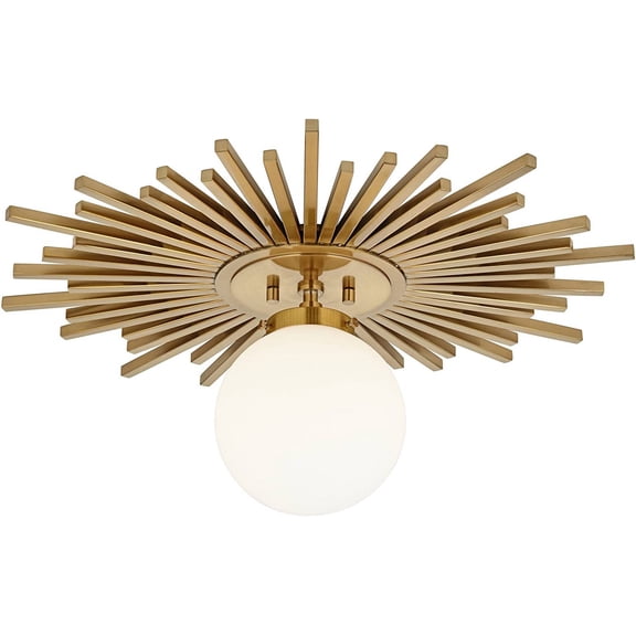 Modern Semi Flush Ceiling Light with Sunburst Design, Warm Brass Gold , White Shade for Bedroom Kitchen Living Room