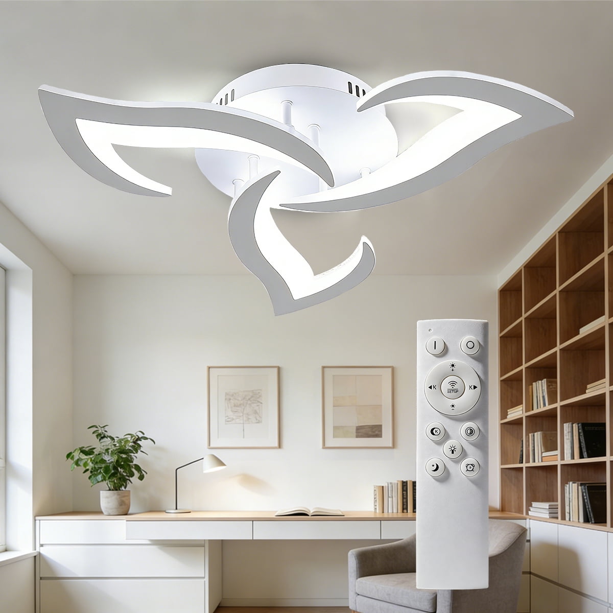 Modern Semi Flush Mount Ceiling Light, 20 inch Dimmable LED Chandelier Low Profile Ceiling with Remote Control, Ceiling Lamp Fixture for Living Room Dining Room Bedroom, White