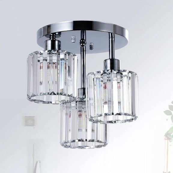 Modern Semi Flush Mount Ceiling Light,3-Light Crystal Close to Ceiling Light Fixtures,Golden Kitchen Light Fixtures with Clear Crystal Shade,Hallway Light Fixtures for Hallway Bedroom Bathroom