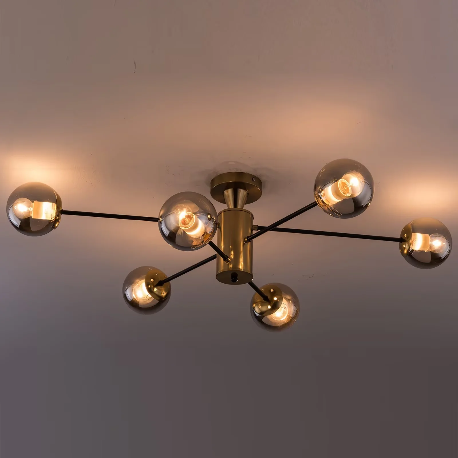 Modern Gold and Smoky Glass 6-Light Sputnik Ceiling Fixture