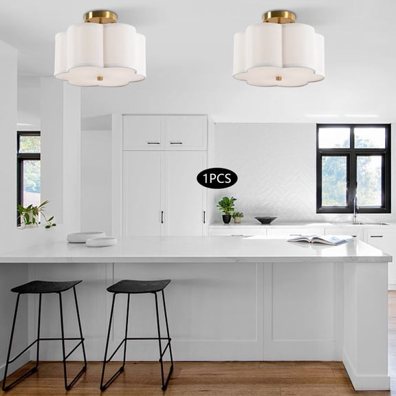 Modern Semi Flush Mount Ceiling Light Fixture, Ceiling Lamp with Fabric Drum Shade New