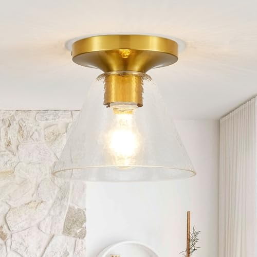 Modern Semi Flush Mount Ceiling Light with Hammering Glass Shade Industrial Gold Ceiling Light Fixture for Entryway Bathroom Hallway$$Tools & Hardware Other