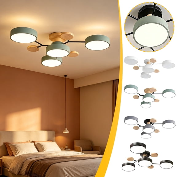 Modern Semi Flush Mount Ceiling Light, Wooden & Acrylic 4-Head 3-Color LED, Assembly Needed for Bedroom Living Room Kitchen (Gray)