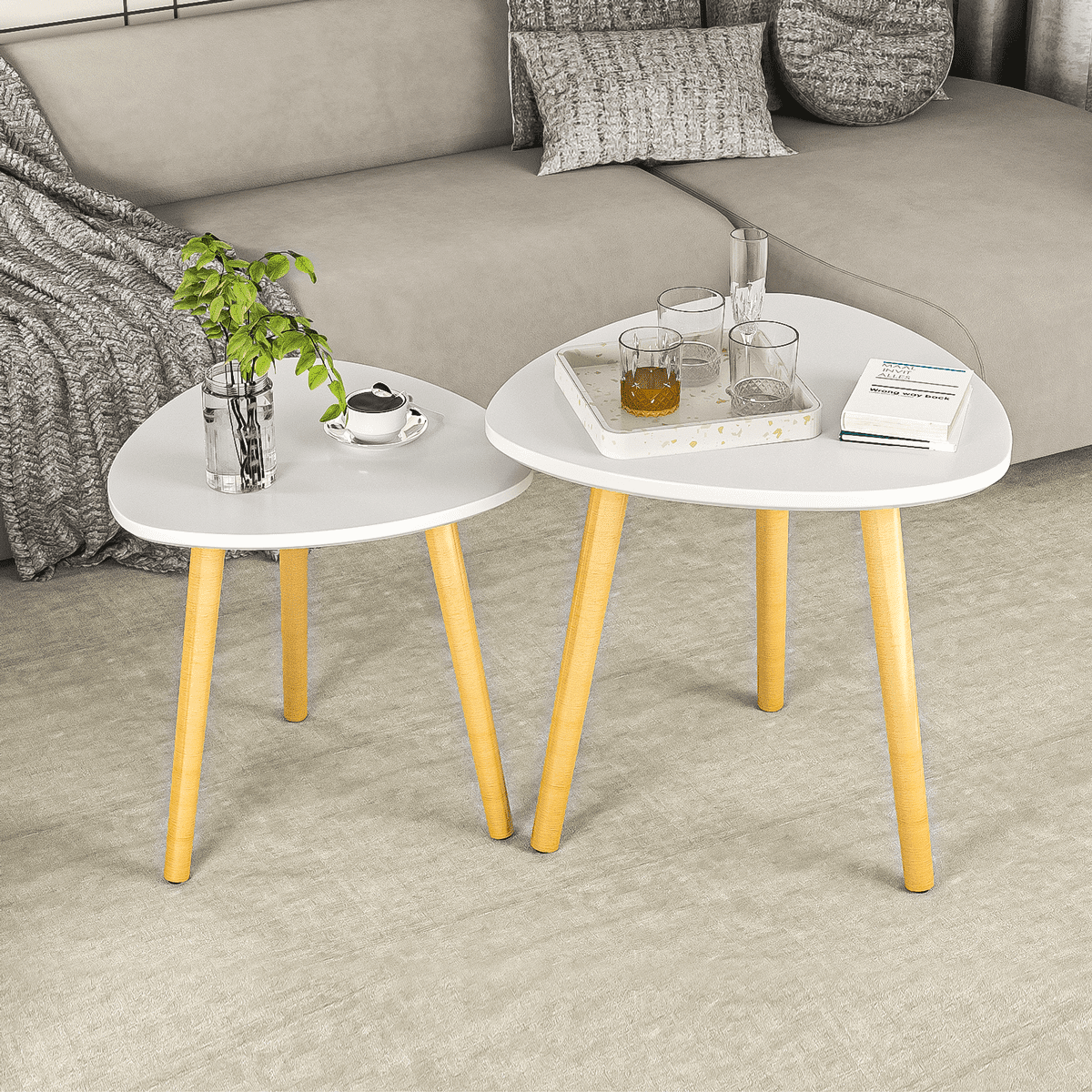 Modern Semi-Nesting Table with Wooden Legs Set of 2 - Triangle Side ...
