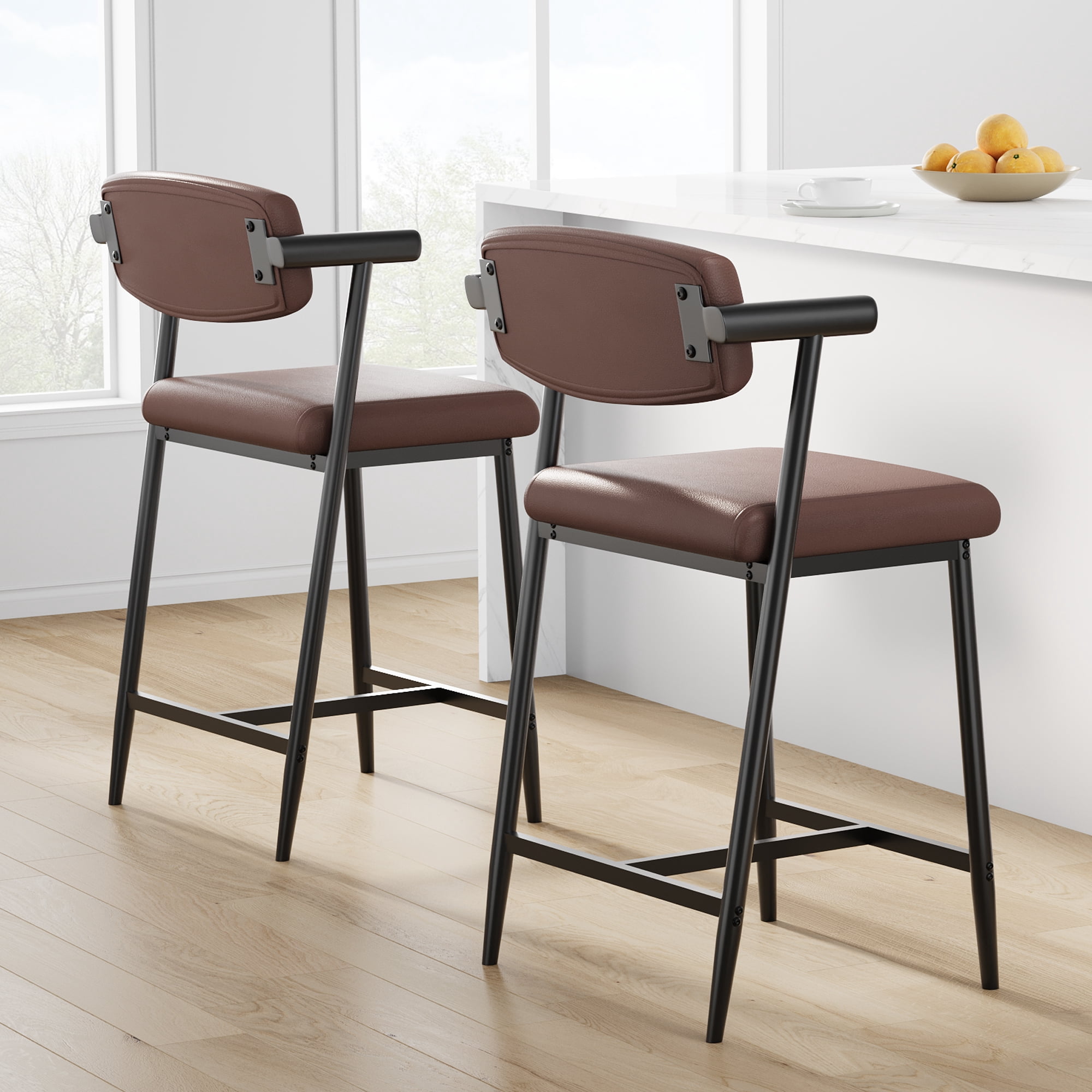 Modern Set of 2 Bar Stools with Arms and Backrest, PU Leather Upholstered, Adjustable Counter Chairs with Metal Legs & Footrest – Ideal for Kitchen Island, Dining Room, Home Bar
