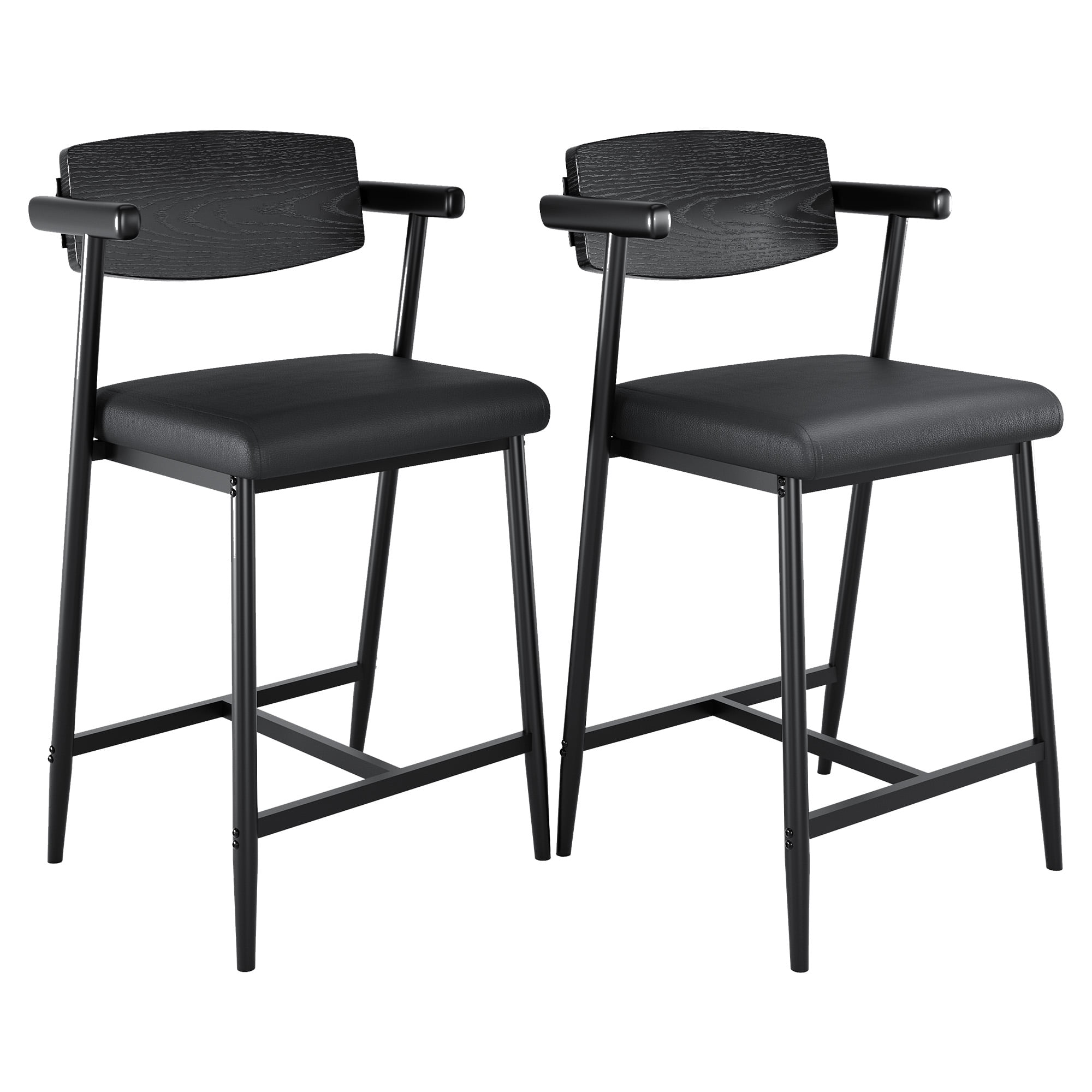 Modern Set of 2 Counter Height Bar Stools with Arms, Wooden Backrest, Wide Upholstered Seat, Metal Footrest – Easy Assembly, Perfect for Kitchen Island, Home Bar, Classic Black, Wooden Backrest