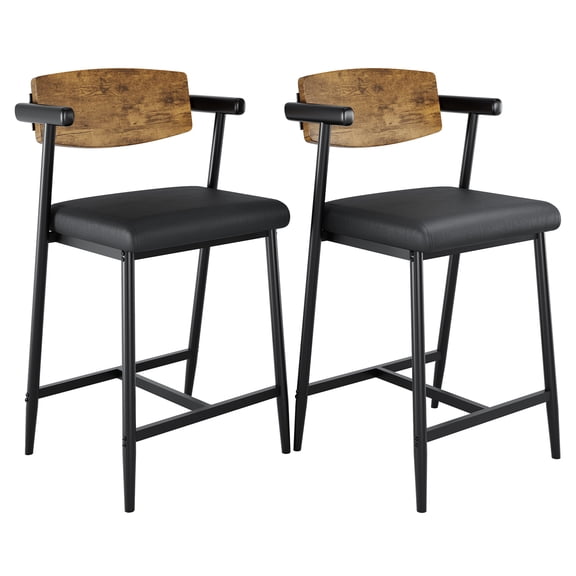 Modern Set of 2 Counter Height Bar Stools with Arms, Wooden Backrest, Wider Upholstered Seat, Metal Footrest – Easy Assembly, Perfect for Kitchen Island, Home Bar, Classic Color, Wooden Backrest