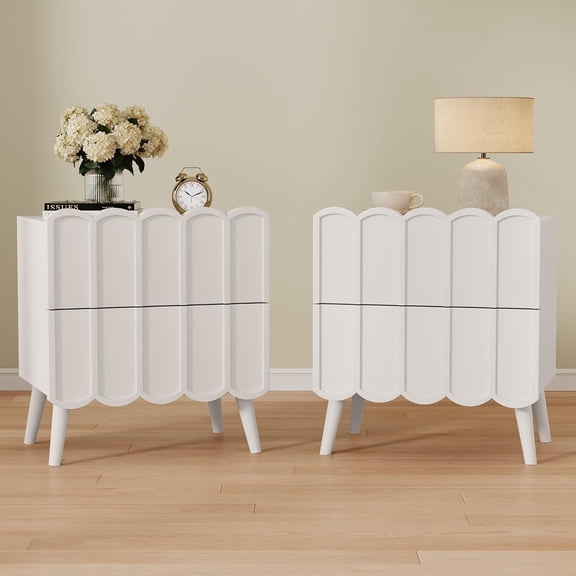 Modern Set of 2 Fluted Nightstand for Bedroom, White Wood Bedside Table | Wood End Side Table with Arch Curved Design, Night Stand with 2 Drawer