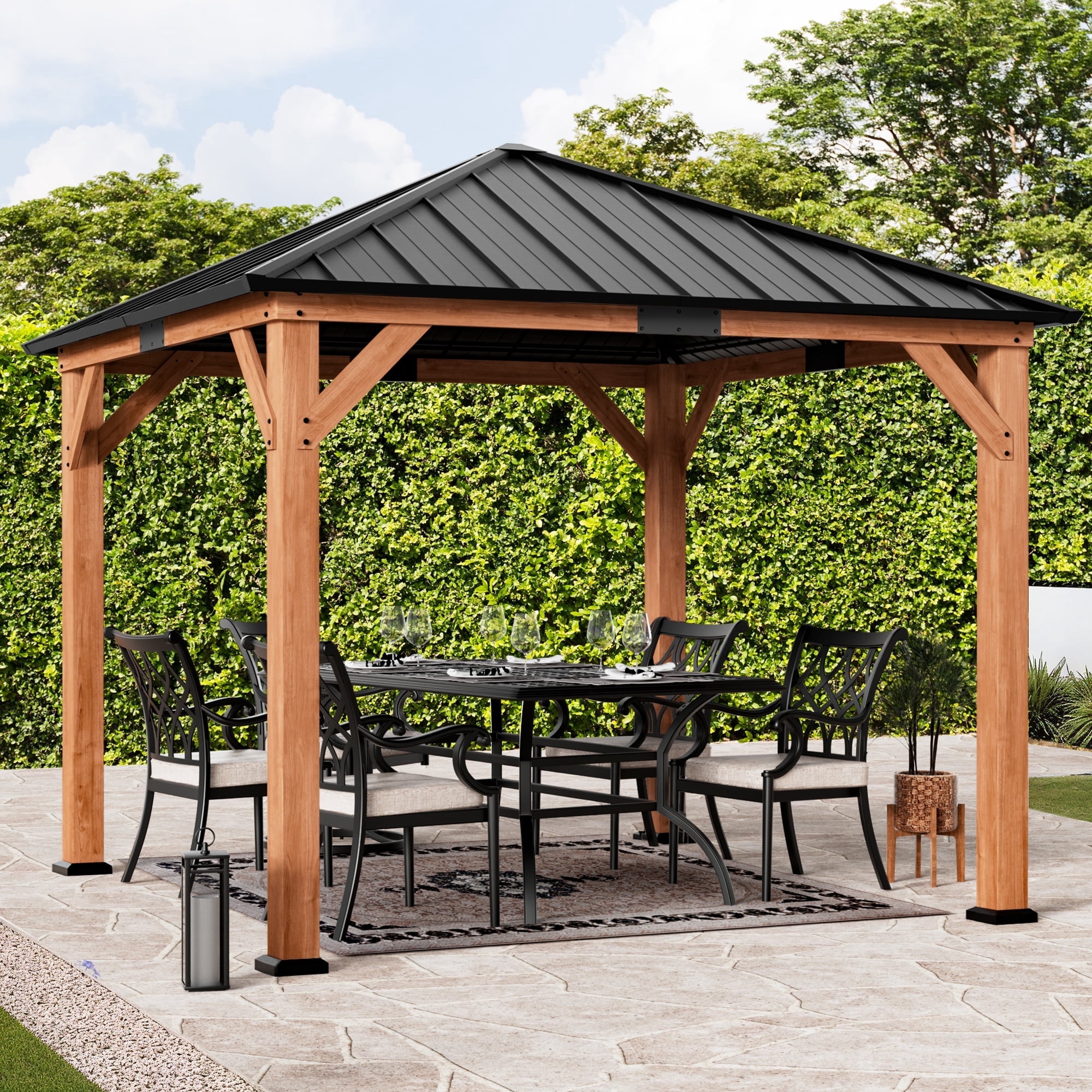 Modern Shade, Cedar Gazebo, 10'x10', Steel Hardtop Garden Pavilion