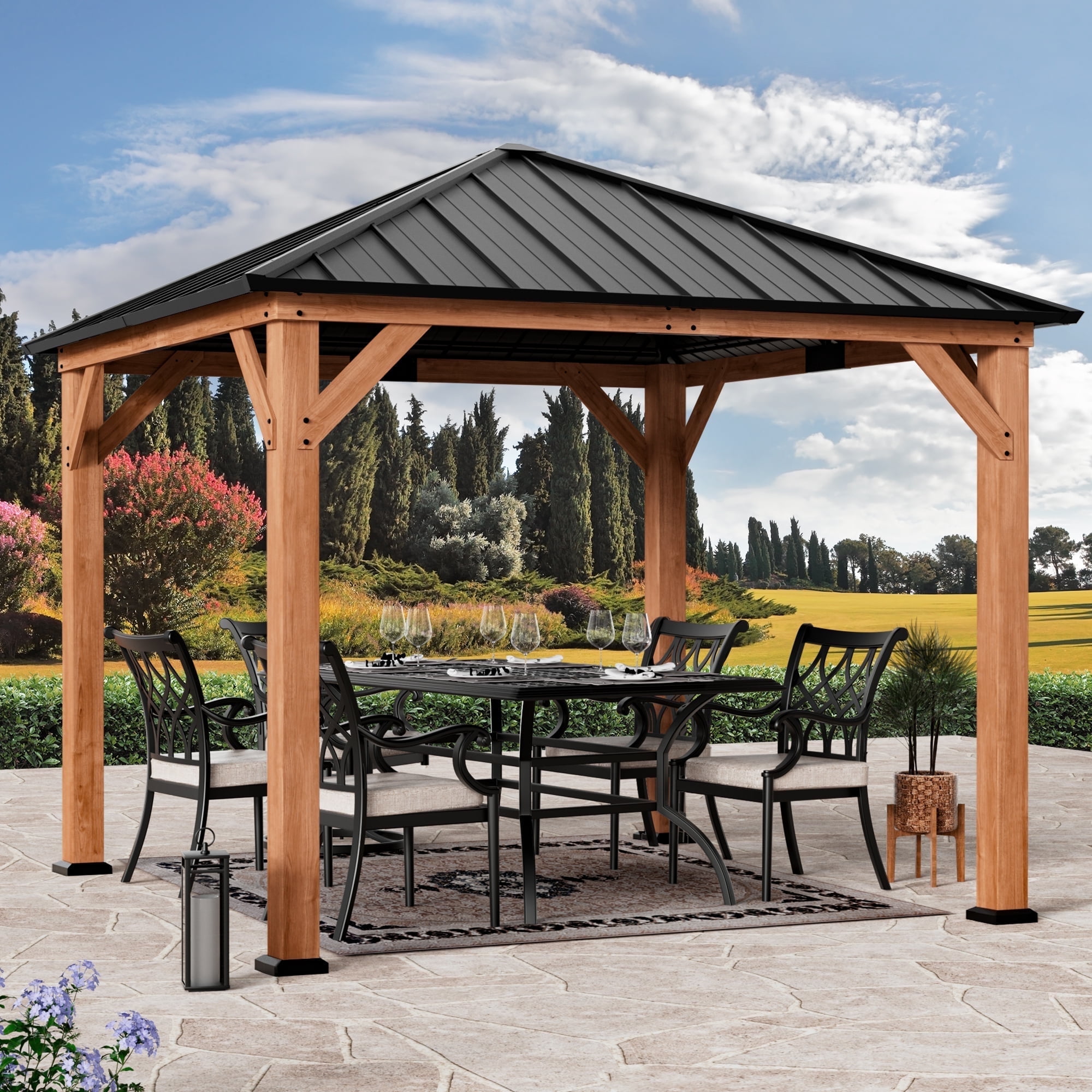 Modern Shade Tranquil Grove Wood Gazebo 10' x 10', Permanent Grill Gazebo with Galvanized Steel Hardtop Roof, Cedar Framed Wooden Pavilion for Garden, Backyard