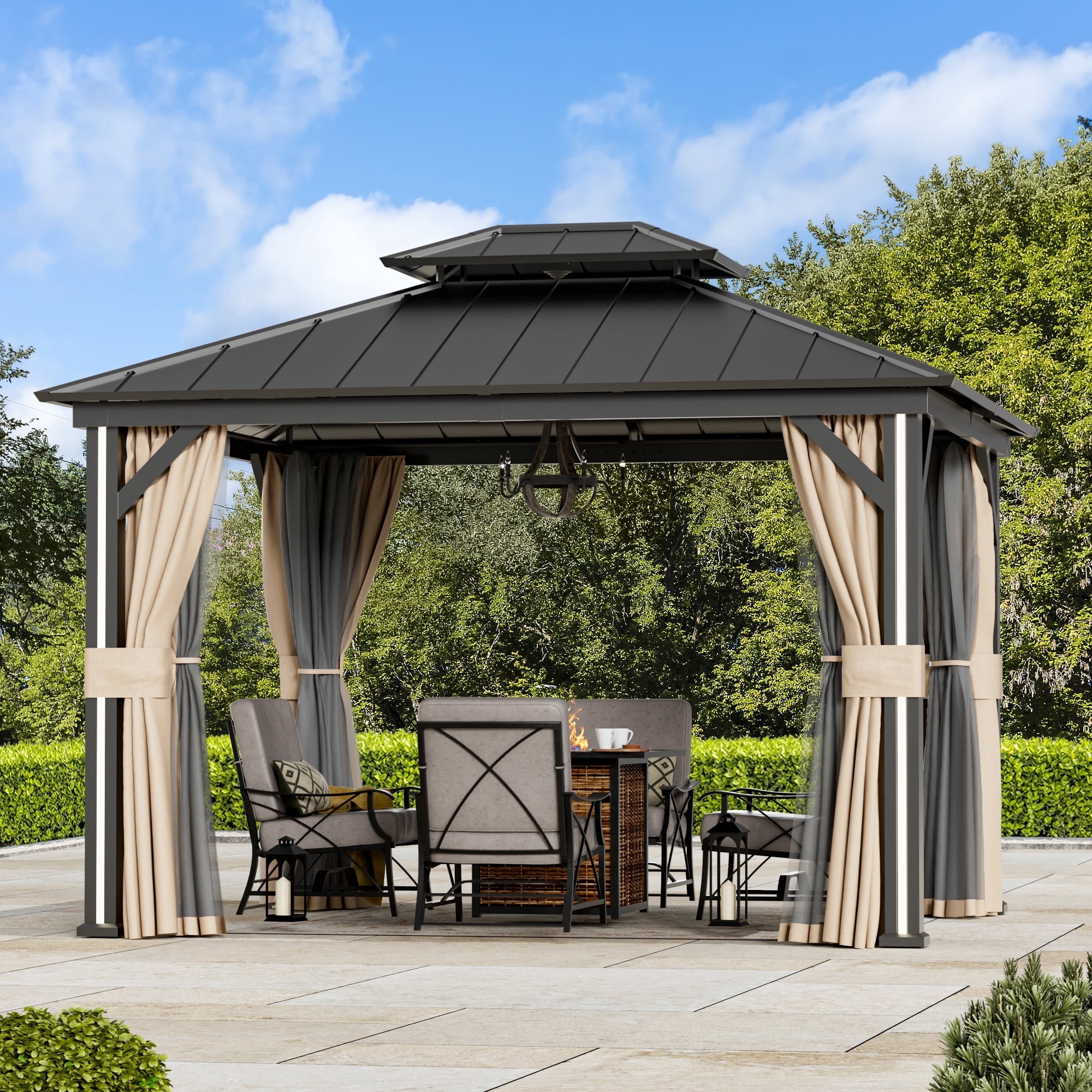 Modern Shade 10' x 12' Hardtop Gazebo with Galvanized Steel Roof, Aluminum Frame, Weather-Resistant Netting