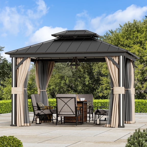 Modern Shade 10' x 12' Hardtop Gazebo with Galvanized Steel Roof, Aluminum Frame, Weather-Resistant Netting