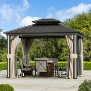 Modern Shade 10' x 12' Hardtop Gazebo with 4 LED Lights, Outdoor Gazebo with Double Galvanized Steel Roof，USB Charging Port Black