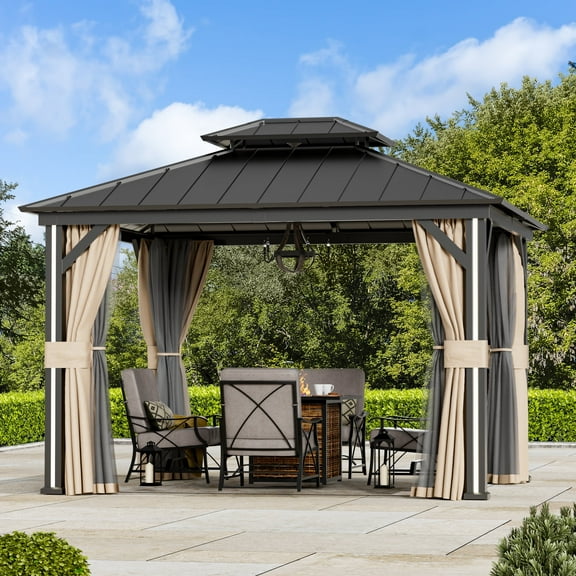 Modern Shade 10' x 12' Hardtop Gazebo with 4 LED Lights, Outdoor Gazebo with Double Galvanized Steel Roof,USB Charging Port Black