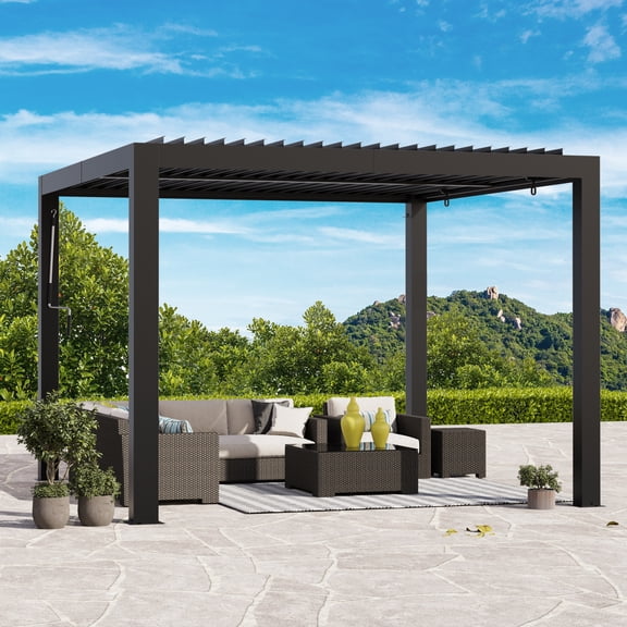 Modern Shade Aurora 10'x10' Louvered Pergola, Adjustable Waterproof Roof with Drainage, Reinforced Frame for Patio & Deck, Black
