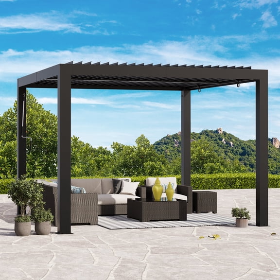Modern Shade Aurora 10'x10' Louvered Pergola, Adjustable Waterproof Roof with Drainage, Reinforced Frame for Patio & Deck, Black