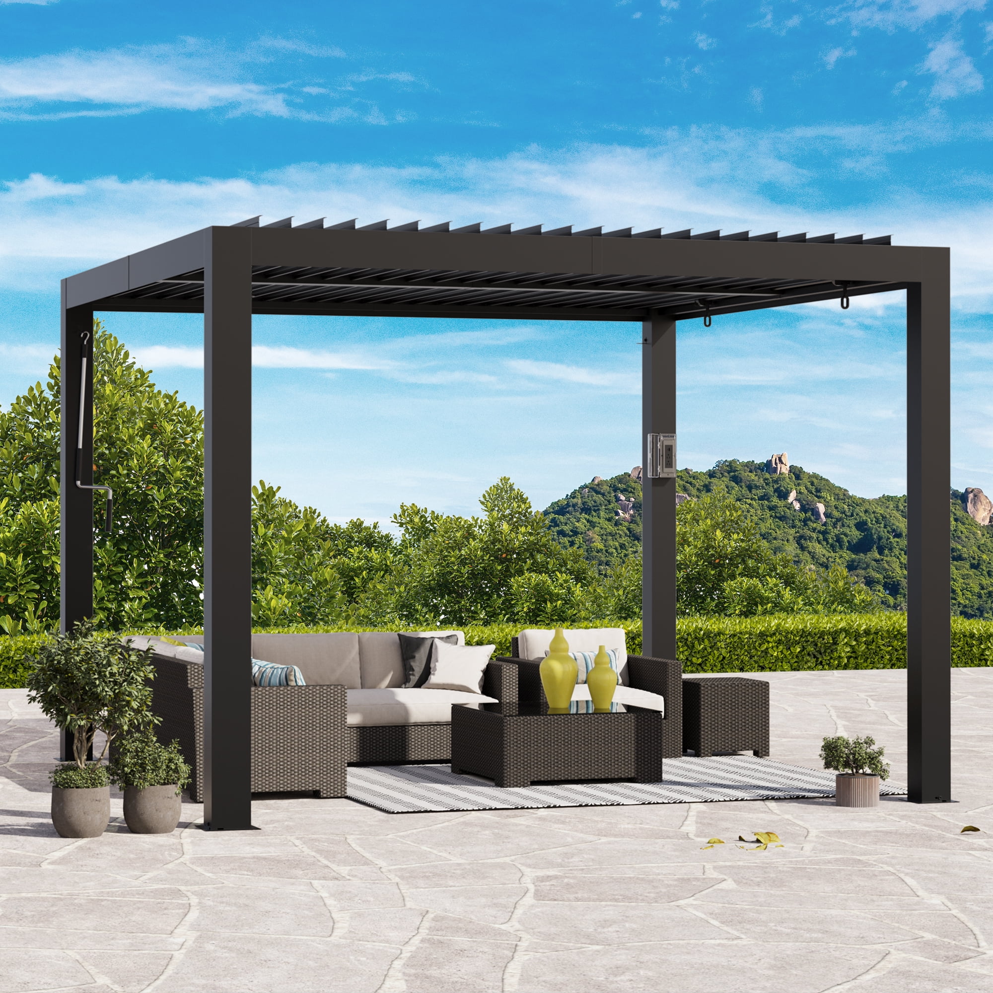 Walmart sales :  Modern Shade 10'x10' Louvered Pergola, Adjustable Waterproof Roof, USB Port, Black Metal Frame