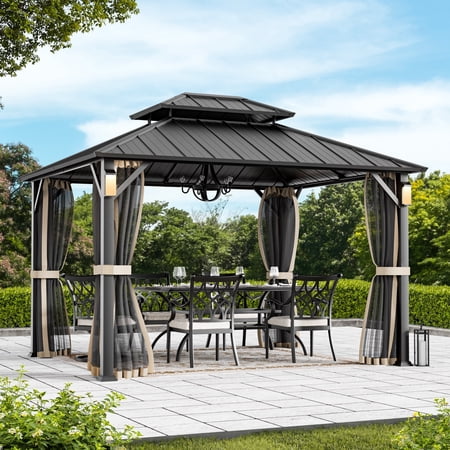 Modern Shade The Horizon 10' x 12' Hardtop Gazebo, 4 LED Lights, Galvanized Steel Double Roof, with Hooks & Mosquito Netting, Black