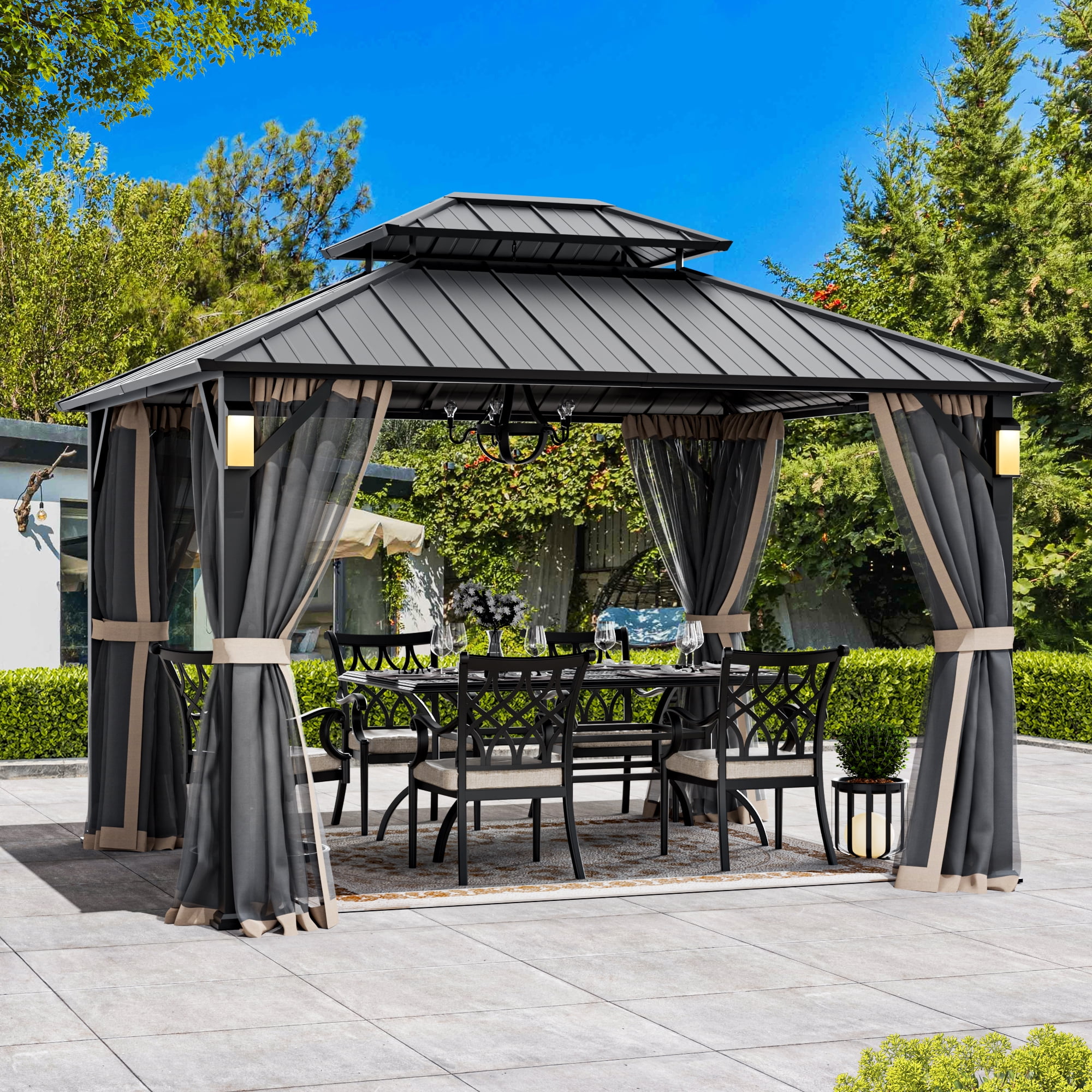 Modern Shade Hardtop Gazebo 10' x 12' with 4 LED Lights, Permanent Gazebo with Double Galvanized Steel Roof for Outdoor Backyard, Black