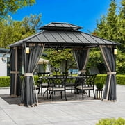 Modern Shade Hardtop Gazebo 10' x 12' with 4 LED Lights, Permanent Gazebo with Double Galvanized Steel Roof for Outdoor Backyard, Black