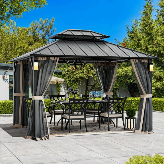 Modern Shade Hardtop Gazebo 10' x 12' with 4 LED Lights, Permanent Gazebo with Double Galvanized Steel Roof for Outdoor Backyard, Black