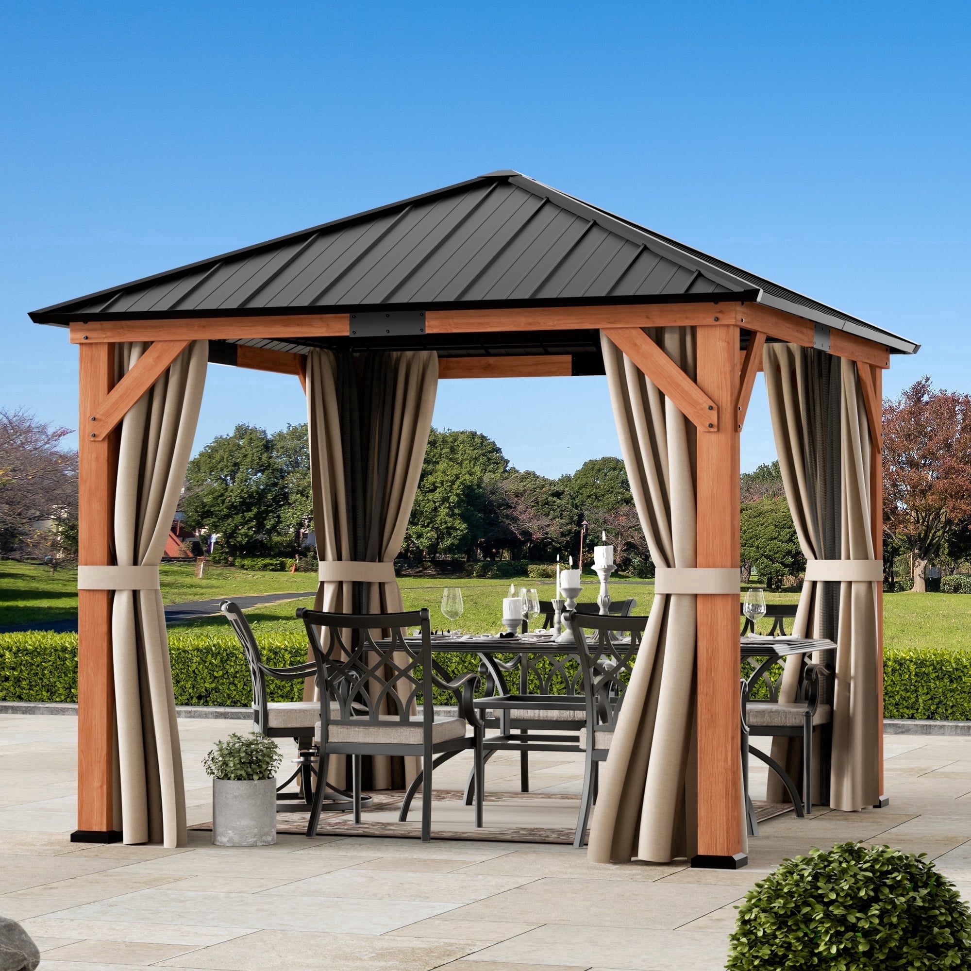 Modern Shade Tranquil Grove 10'x10' Hardtop Gazebo, Cedar Frame, Steel Roof, Netting, Curtain, Brown Outdoor Pavilion
